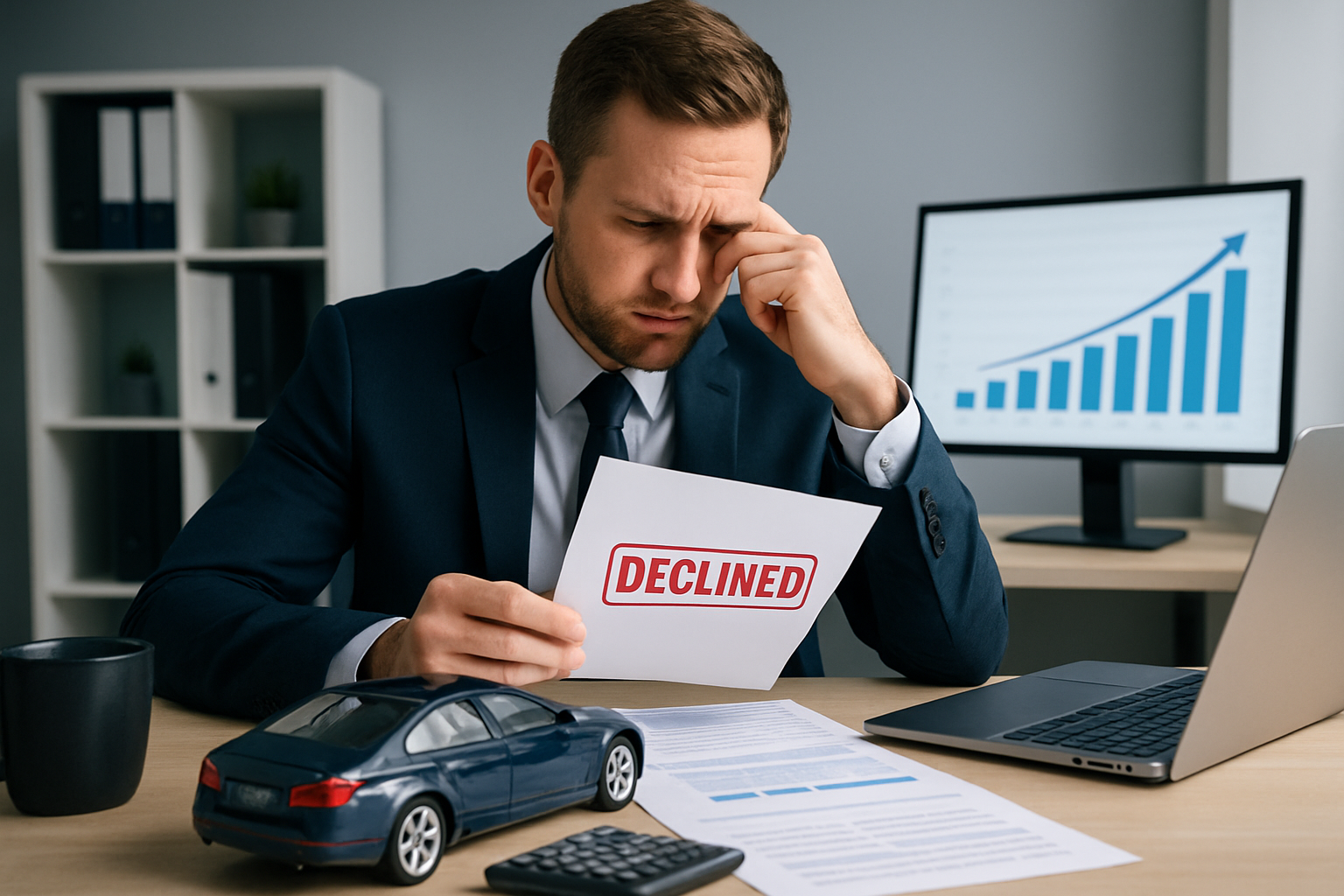 Autokredit abgelehnt – Person am Laptop erhält Absage und sucht nach Lösungen