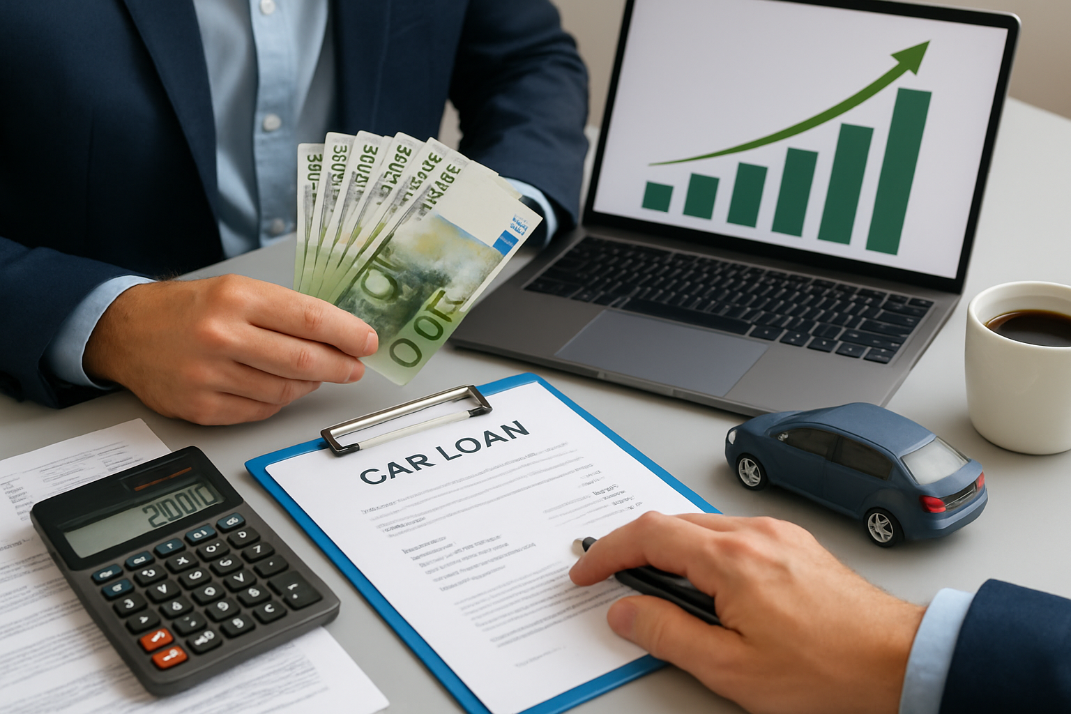 Person übergibt Autoschlüssel mit Geldscheinen im Hintergrund als Symbol für Autokredit Anzahlung