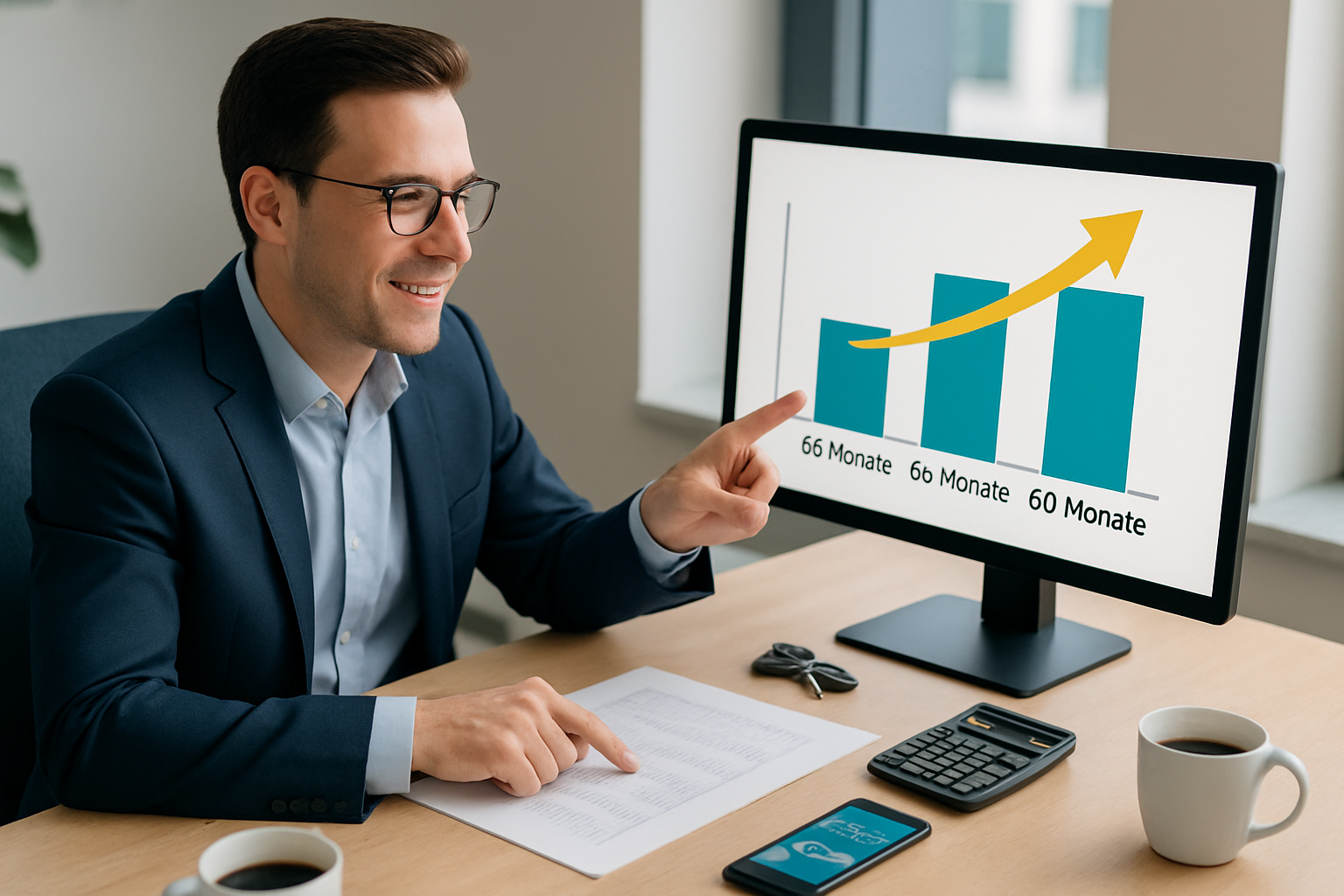 Autokredit Laufzeit wählen – Person vergleicht verschiedene Laufzeit-Optionen am Laptop