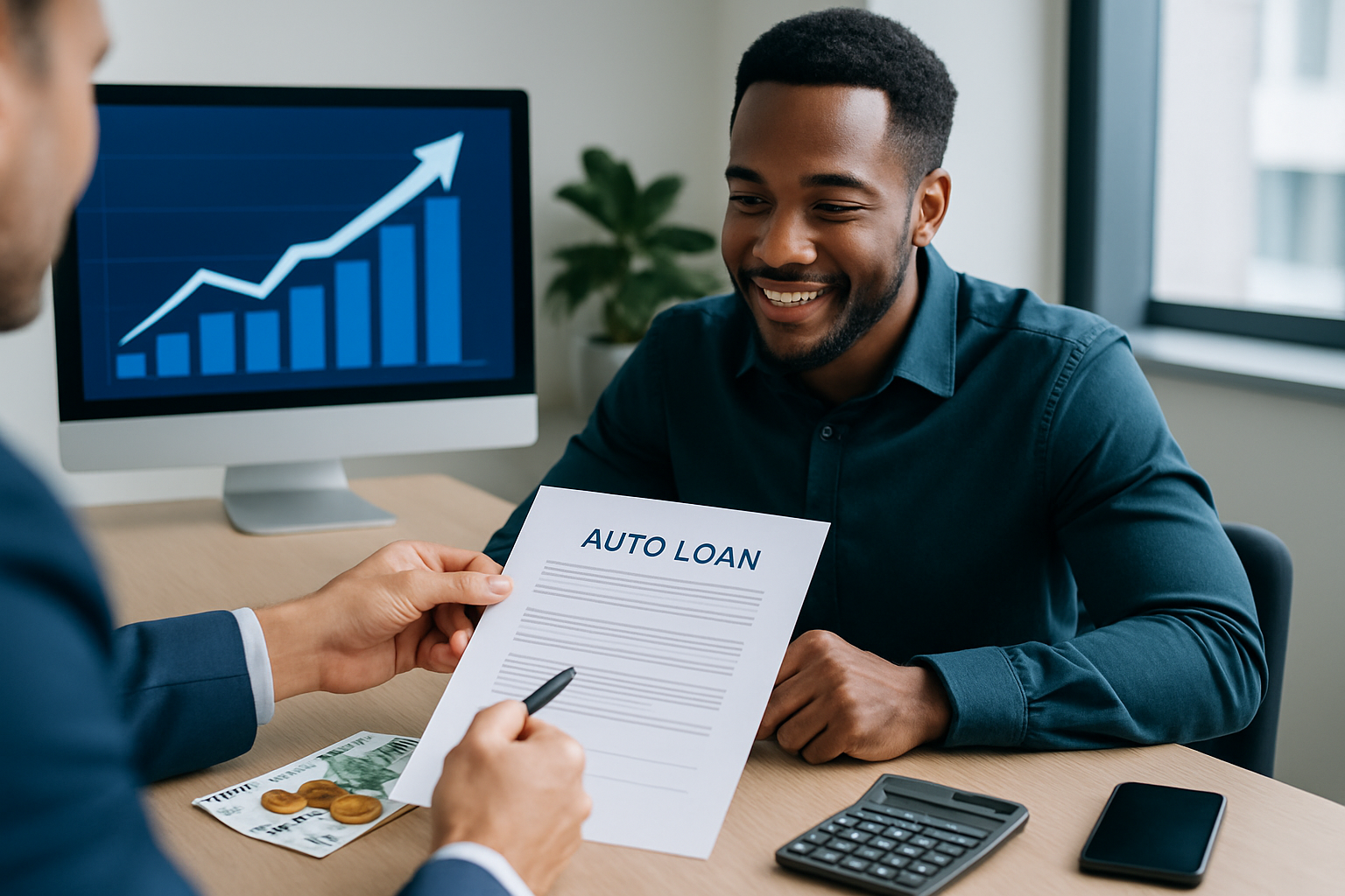 Person berechnet Einsparpotenzial durch Autokredit-Umschuldung am Laptop